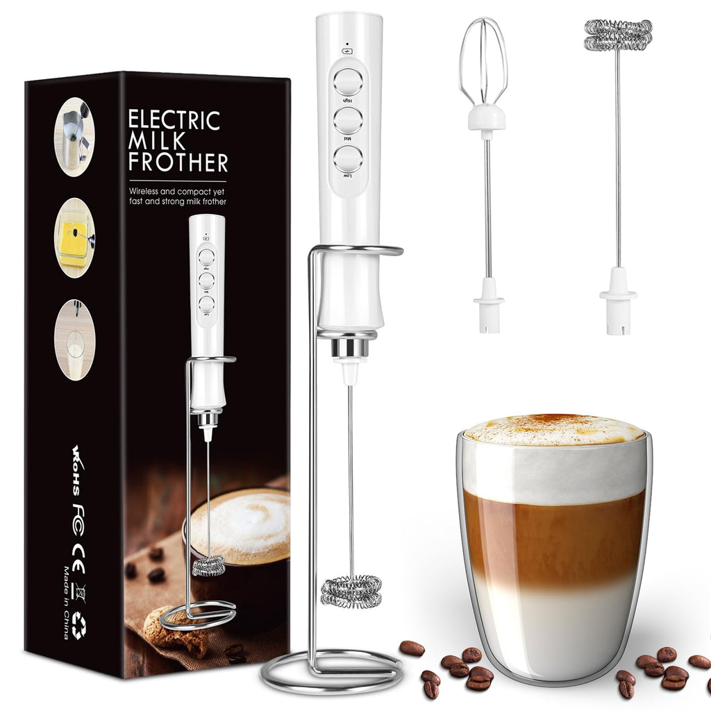 Rechargeable Milk Frother Handheld for Coffee Stirrers Electric Whisk with Wall Mounted Stand Drink Mixer Hand Frother Wand (MF02)