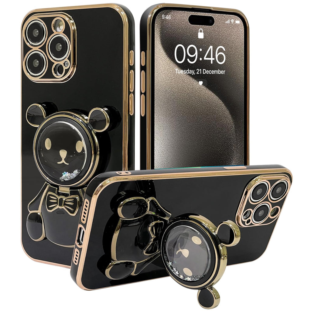 LSL Compatible with iPhone 15 Pro Max + Plating Bling Glitter Case + Cute Girly Quicksand 6D Bear Stand Kickstand Design with Camera Lens Protector for iPhone 15 ProMax - Black