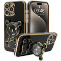 LSL Compatible with iPhone 15 Pro Max + Plating Bling Glitter Case + Cute Girly Quicksand 6D Bear Stand Kickstand Design with Camera Lens Protector for iPhone 15 ProMax - Black