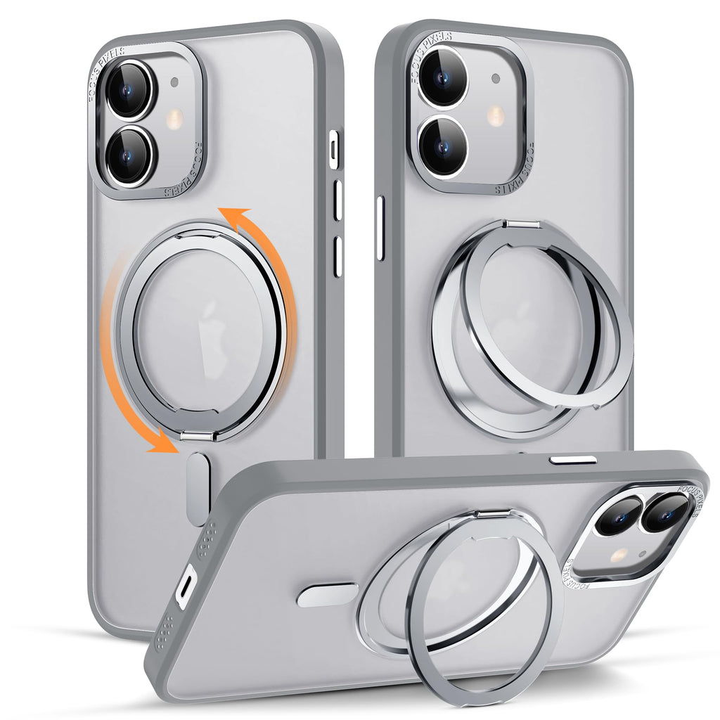 for iPhone 11 Phone Case with 360° Rotatable Magnetic Ring Stand [Compatible with Mag-Safe] [Military-Grade Protection] Translucent Back iPhone 11 Case 6.1" for Women Men, Grey